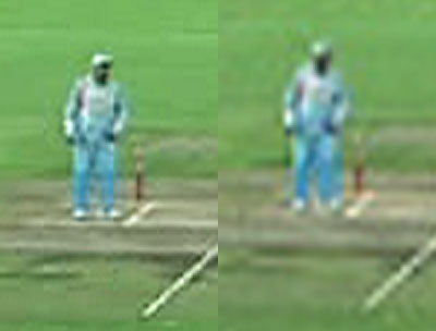 A closeup of the cricket, HD left, SD right